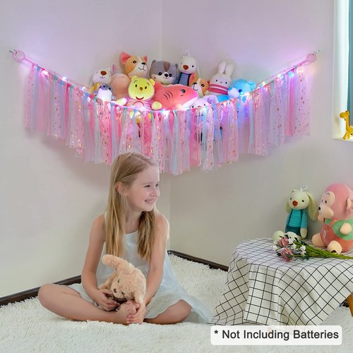 FIOBEE Stuffed Animals Net or Hammock with LED Light, Toy Hammock Hanging Stuffed Animals Storage Organizer Holder Room Décor for Nursery Kids Bedroom