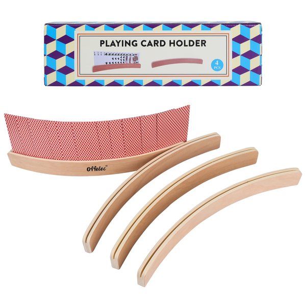 Offelec 4 Pack Card Holders for Playing Cards - Curved Wooden Playing Card Holder Racks Tray Set for Kids Adults Seniors Family, Non Slip Wood Card Deck Holders for Bridge Canasta Strategy Card Games