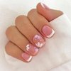 French Tip Press on Nails Short Petite Fake Nails Square Matte False Nails with Flower Designs Acrylic Nails Cute Extra Short Pink Glue on Nails Reusable Artificial Stick on Nails for Women Girls