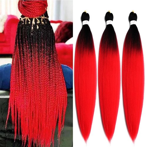 Pre Stretched Braiding Hair 26 Inch Ombre Red Kanekalon Braiding Hair Extensions Hot Water Setting Crochet Box Braids Hair (26 Inch (Pack of 3), Black-Red)