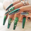 Outyua Rhinstone Super Long Fake Nails Coffin Green Press on Nails Glossy Ballerina Acrylic False Nails with Designs Artificial Full Cover Extra Long Nails for Women and Girls 24Pcs (Green Crystal)