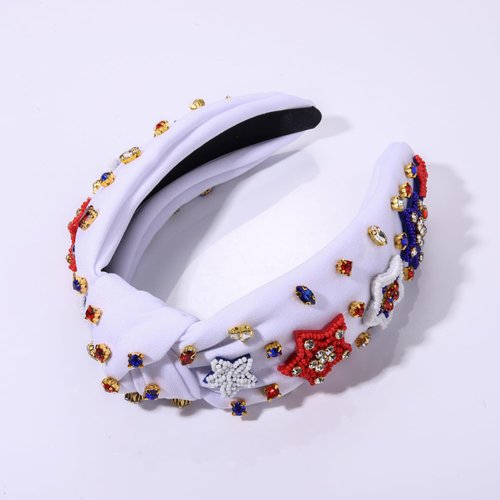 NVENF 4th of July Headbands, American Flag Star Headband Pearl Crystal Rhinestone Knotted Headbands Patriotic 4th of July Accessories Outfits for Women Holiday Gifts (American Flag 6)