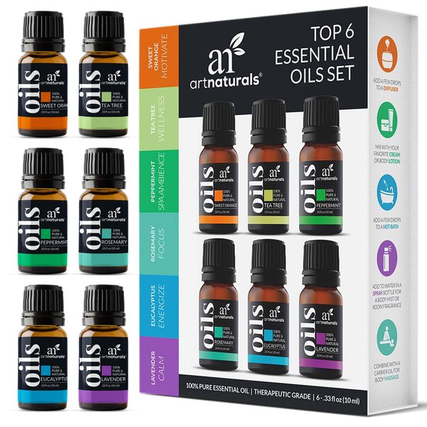 ArtNaturals Aromatherapy Top-6 Essential Oil Set - (6 x 10ml Bottles) - 100% Pure of The Highest Therapeutic Grade - Premium Gift Set – Lavender, Peppermint, Tea Tree, Eucalyptus