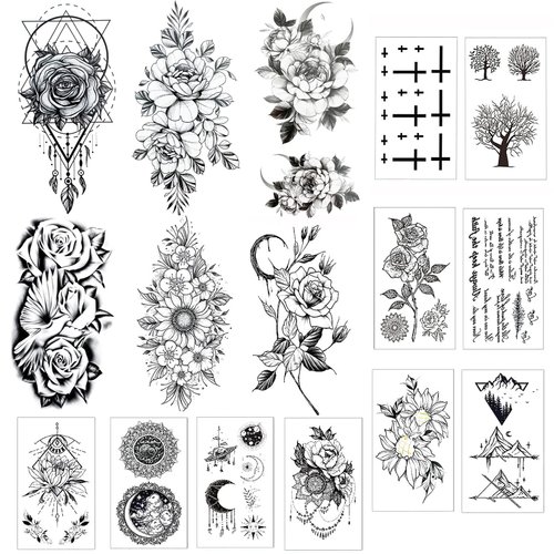 16 Sheets 3D Black Flower Temporary Tattoos for Women Body Arm Neck Waterproof Fake Tattoos Rose Sunflower Moon Tattoo Stickers for Adults Girl