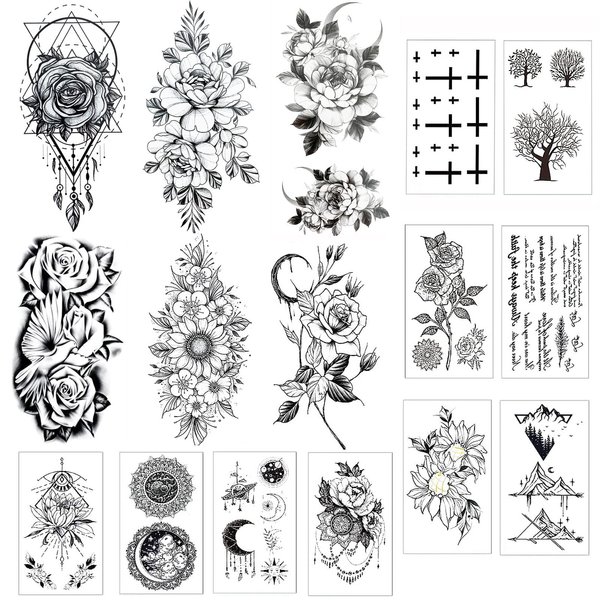 16 Sheets 3D Black Flower Temporary Tattoos for Women Body Arm Neck Waterproof Fake Tattoos Rose Sunflower Moon Tattoo Stickers for Adults Girl