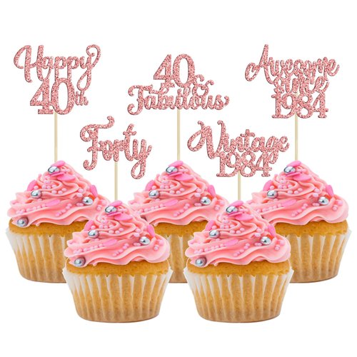 30Pcs Vintage 1984 Cupcake Toppers Glitter Forty 40 Fabulous Happy 40th Birthday Cupcake Picks Cheers to 40 Years for 40th Birthday Anniversary Party Cake Decorations Supplies Rose Gold