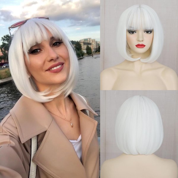 Angzon White Bob Wigs with Bangs Short Straight Bob Wigs For Women Shoulder Length Synthetic Bob Wigs For Halloween Daily Party Cosplay