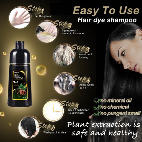 Dapoprren Instant Black Hair Shampoo,Black Hair Dye Shampoo for Gray Hair,3 in 1 Hair Dye Shampoo for Women and Men,Natural Black Hair Dye Shampoo-Hair Nourishing & Darkening for Men Women -17Fl Oz
