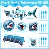 170pcs Shark Party Supplies Shark Birthday Plates Napkins Under the Sea Ocean Tablecloth Shark Shape Banner Paper Cup Dinner Tableware Set for Kids Boy Birthday Party Decorations Serve 24 Guests