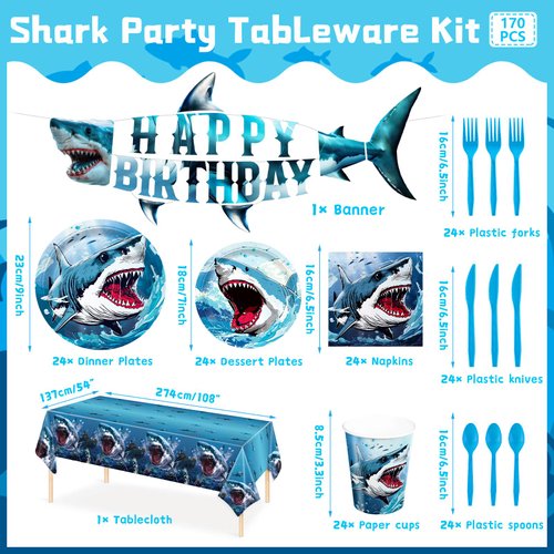 170pcs Shark Party Supplies Shark Birthday Plates Napkins Under the Sea Ocean Tablecloth Shark Shape Banner Paper Cup Dinner Tableware Set for Kids Boy Birthday Party Decorations Serve 24 Guests