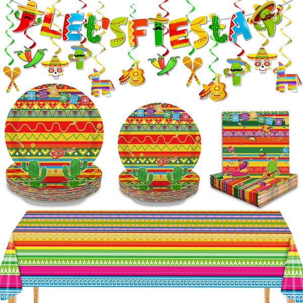 86 Pcs Mexican Party Decorations, Fiestas Party Decorations Supplies Tableware Set Serves 24, Include Paper Plates, Napkins, Hanging Swirls, Tablecloth, Banner for Cinco De Mayo Dcecorations Birthdays