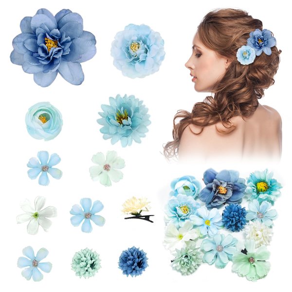 Harewu Hair Clip Decorations, 12Pcs Silk Flower Hair Clips, Misty Blue, for Women's Hair Decorative, Beach Party, Wedding, Daily Use