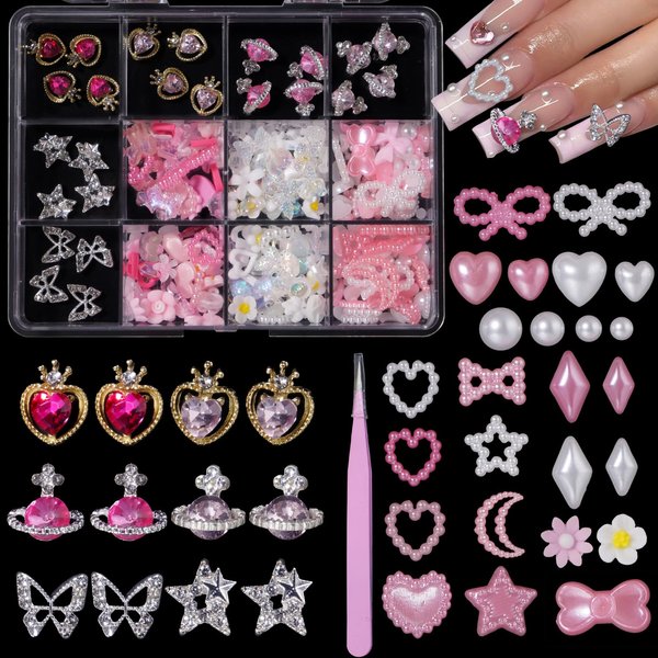 3D Multi Shapes Nails Charms Gems Set, Star Heart Planet Butterfly Nail Rhinetones Charms, Flowers Bows Hollow Star Moon Pearls Acrylic Nail Art Charms for Manicure DIY Crafts Jewel Accessories