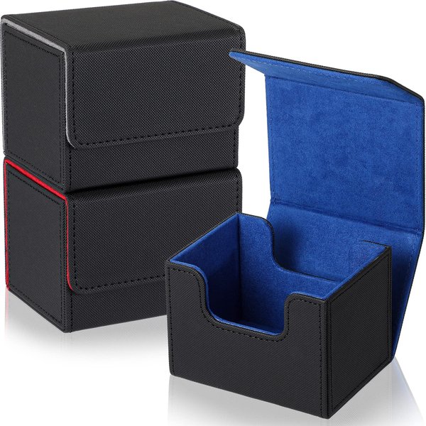 Weewooday 3 Pieces Leather Deck Card Boxes Cards Deck Game Box for 100 Plus Cards Playing Card Deck Card Magnetic Storage Box Compatible with MTG TCG(Black, Black Red, Black Blue,Horizontal)