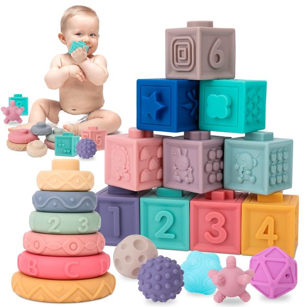 UMYQAQ Baby Toys 6-12 Months, 3 in 1 Montessori Toys for Babies 6-12 Months, Incl Stacking Building Blocks & Soft Infant Teething Toys & Sensory Balls for Toddlers for Baby