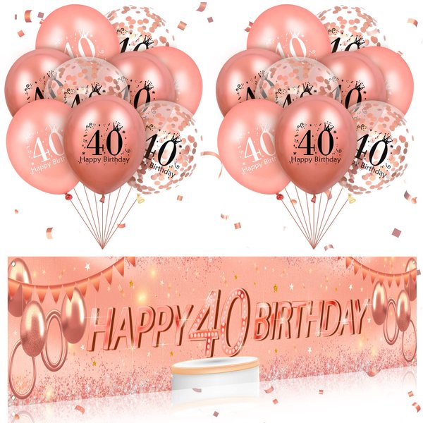 Rose Gold 40th Birthday Decorations for Women, Rose Gold Happy 40th Birthday Yard Banner, Rose Gold 40th Birthday Balloons for 40th Birthday Anniversary Party Decorations Supplies