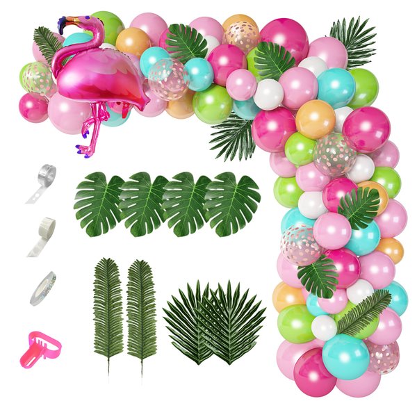 132Pcs Tropical Flamingo Balloons Garland Kit, Flamingo Foil Balloons Green Pink Aqua Blue Confetti Balloons Palm Leaves Baby Shower Hawaiian Luau Birthday Party Decorations Supplies
