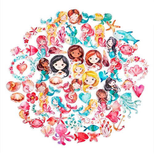 Navy Peony Happy Mermaid Stickers and Fish Decals (60 Pieces) | Sea Animal Stickers for Party Favors and Scrapbooks | Cute Ocean Stickers for Kids | Waterproof Stickers for Water Bottles and Laptops