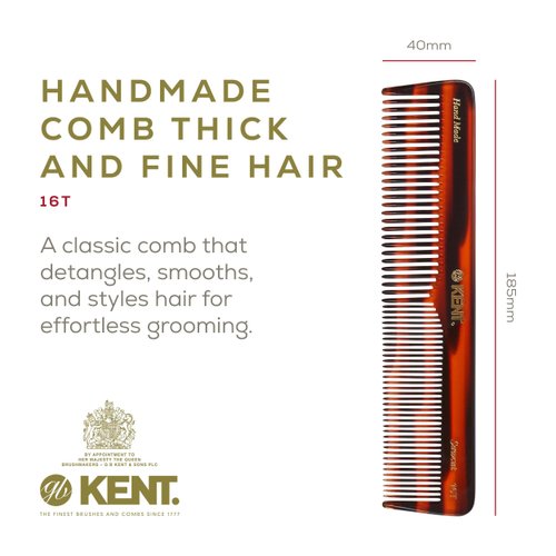 Kent 16T Double Tooth Hair Dressing Table Comb, Fine and Wide Tooth Dresser Comb For Hair, Beard and Mustache, Coarse and Hair Styling Grooming for Men, Women and Kids. Made in England