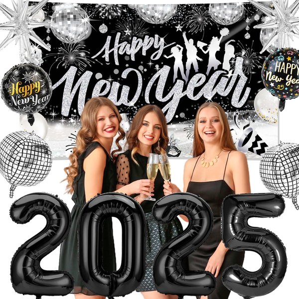 HOWAF New Years Eve Party Supplies 2025 Disco New Years Decorations, Black Silver New Years Backdrop Happy New Year Banner 2025 Balloons New Year Disco Foil Balloons 2025 NYE Decorations Kit