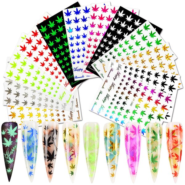 MiaoWu 12 Sheets Pot Leaf Nail Art Stickers Self-Adhesive 3D Maple Leaf Nail Stickers Fall Nail Art Decals Glitters Flakes Autumn Nail Supplies Colorful Weed Leaves Design for DIY Nail