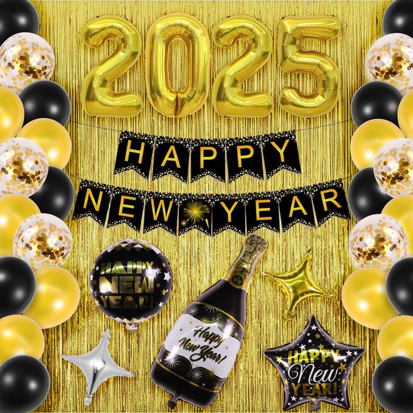 Kusamue Happy New Years Eve Party Decorations Kit, 2025 foil balloons happy new year banner 2 PCS Gold fringe curtains 37PCS 12 Inch Latex Balloons for New Year Party Eve Carnival Greet New Year Kit