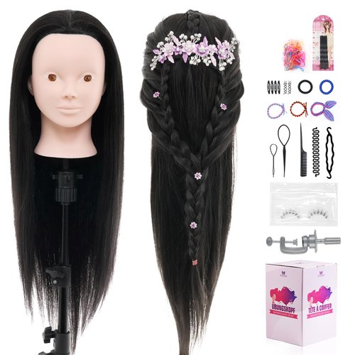 Neverland Beauty Mannequin Head with 50% Real Human Hair, 24 Inch Makeup Cosmetology Manikin Practice Head with Hair, Braiding Hairdressing Doll Head for Hair Styling with False Eyelashes #1B