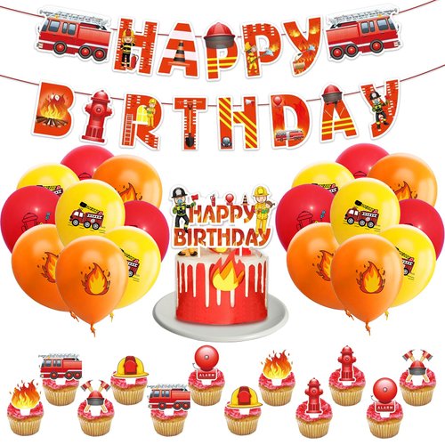 44PCS Fire Truck Birthday Decorations,Firetruck Theme Birthday Party Supplies Include Fireman Happy Birthday Banner Balloon Firetruck Cake&Cupcake Toppers,Firefighter Party Decorations Favors Supplies