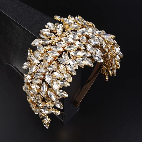 JWICOS Crystal Bridal Headband Tiara Wedding Headpiece for Bride Wedding Hair Accessories for Women and Girls (Gold)