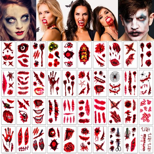 HOWAF 156pcs Halloween Scar Temporary Tattoos for Women Men Halloween Night Cosplay Party Masquerade Decorations Halloween Zombie Vampire Makeup Fake Bloody Wound Tattoos Stickers