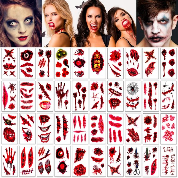 HOWAF 156pcs Halloween Scar Temporary Tattoos for Women Men Halloween Night Cosplay Party Masquerade Decorations Halloween Zombie Vampire Makeup Fake Bloody Wound Tattoos Stickers
