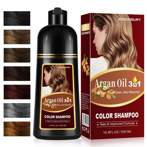 3-in-1 Hair Dye Shampoo Light Brown, Argan Oil Hair Color Shampoo for Gray Hair, Brown Instant Dye Shampoo for Women & Men, Natural Plant Hair Dye Kit Colors Hair in Minutes, Long-Lasting, Easy to Use