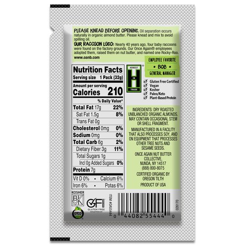 Once Again Organic Creamy Almond Butter - 1.15oz Squeeze Packs, 10 Count - Roasted - Salt Free, Unsweetened - USDA Organic, Gluten Free Certified, Peanut Free, Vegan, Kosher, Paleo