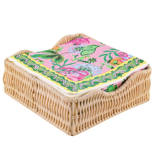 Lilly Pulitzer 40 Cocktail Napkins with Raffia Napkin Holder, Pink Disposable Paper Napkins, Reusable Napkin Holder for Table, Via Amore Spritzer