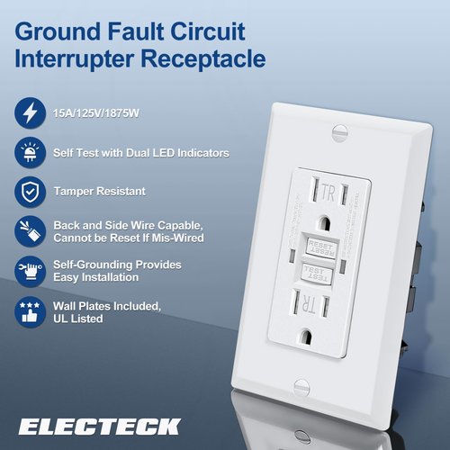 ELECTECK 5 Pack GFCI Outlets 15 Amp, Tamper Resistant (TR), Self-Test GFI Receptacles with LED Indicator, Ground Fault Circuit Interrupter, Decor Wallplate Included, UL Listed, White