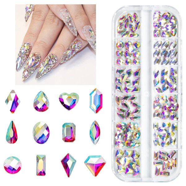 qiipii 120Pcs AB Crystal Nail Rhinestones White AB 12 Shapes Big Gems Flatback Rhinestones K9 Glass Stones Nail Art Diamonds Crystals jewels Nail Charms for Arylic Nails Face Eyes Makeup DIY Crafts