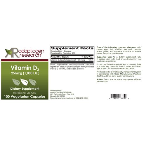 Vitamin D3 1,000 IU High Potency | Vitamin D 1000 (25 mcg) Supplement for Healthy Bones Muscles | Hypoallergenic Supplement for Enhanced Vitamin D Absorption | 100 Vegetarian Caps |Adaptogen Research
