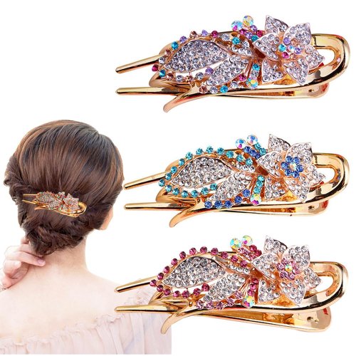 3 PCS Flower Style Rhinestone Hair Clip,Duckbill Flower Butterfly Hair Barrettes, Luxury Fancy Glitter Sparkly Crystals Rhinestones Decorative Flower Hair Claws Clips, Adult Hair Jewelry