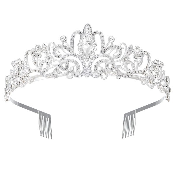 Silver Tiara for Girls, Birthday Girl Gift Tiara Women Crown Princess Halloween Fairy Costume Crowns Bride Headband Bridal Wedding Prom Pageant Party Hair Accessories