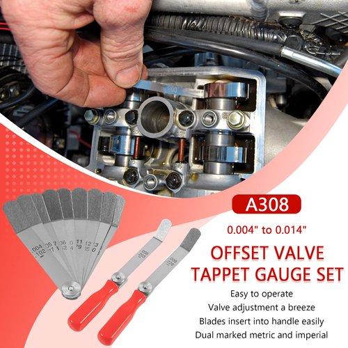 A308 Offset Valve Tappet Gauge Set Premium 11-Blade Feeler Gauge Kit Sizes from 0.004" to 0.014" Includes Two Red Handles