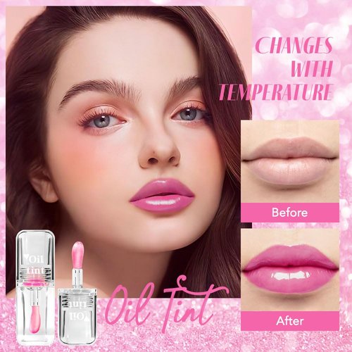 FeiCuiYun Translucent Pink Magic Color Changing Lip Glow Oil, Long Lasting Nourishing Lip Glow Oil Non-sticky Fresh Texture Lip Gloss, (Color Changing Lip Oil, 1 Pcs)