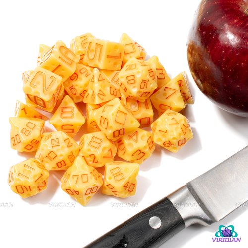 Cheese D&D Dice Set (Light-Yellow & Orange Nacho Color) with Swiss Holes | DND/TTRPG 7-Piece Polyhedral Resin Set