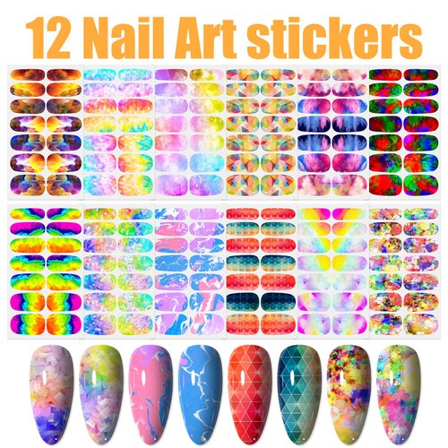 WOKOTO 12 Sheets Graffiti Nail Polish Stickers Full Nail Wraps for Women Aurora Gradient Gel Nail Strips Nail Polish Strips for Women Girls Nail Stickers Mix Color Stick On Nail Gel Stickers