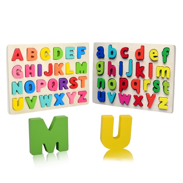 Uppercase and Lowercase Letters， Wooden Puzzles for Toddlers, Wooden ABC Alphabet Puzzles Toddler Learning Puzzle Toys for Kids 1-5, 2 in 1 Early Education Letter Puzzles for Boys Grils 1-5 Years Old