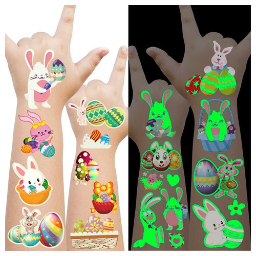 Cerlaza Glow Easter Tattoos for Kids Party Favors, Easter Luminous Temporary Tattoos for Girls Boys Bunny Decorations, Easter Egg Tattoo Stickers for Easter Gifts Basket Fillers-10 Sheets