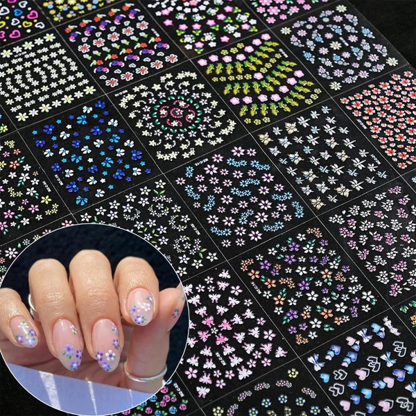 Flywindy 30 Sheets Flower Nail Art Stickers Self-Adhesive Colorful Pegatinas Uñas Small Flower Five Petal Floral Nail Decals Cute Flower Design Nail Stickers for Kids Girls Women DIY Nail Supply