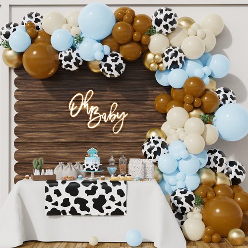 BALONAR 135Pcs Cow Boy Blue Balloons Arch Garland Kit with 18/10/5inch Sand White Coffee Cow Print Farm Animal Gold Balloons for Boy Birthday Party Baby Shower Birthday Supplies (Blue)