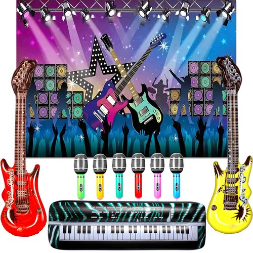 BBTO Inflatable Rock Star Set 80s 90s Party Decorations Blow up Party Props Musical Instrument Include Inflatable Backdrop Banner, Microphone, Guitar, Bass and Keyboard for Rock Party Favor