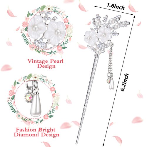 2 Pieces Rhinestone Pearl Flower Hair Stick Vintage Chinese Hair Chopsticks Vintage Tassel Hair Pin Chignon Pin Chopsticks Hair Styling Hair Making Accessories for Women (Silver)