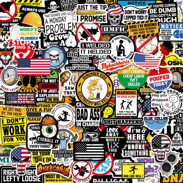150 PCS Hard Hat Stickers for Tool Box, Helmet, Funny Blue Collar Stickers, Prank Meme Vinyl and Waterproof Decal for Mechanics, Electricians, Union, Oilfield, Military, Construction